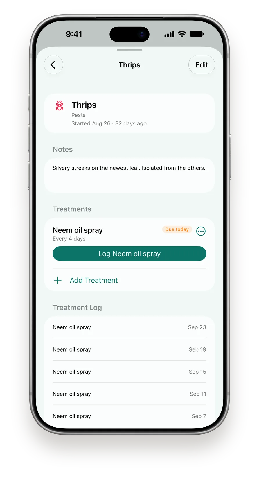 A Thrips issue on iPhone with a neem oil spray treatment every 4 days and its treatment log.