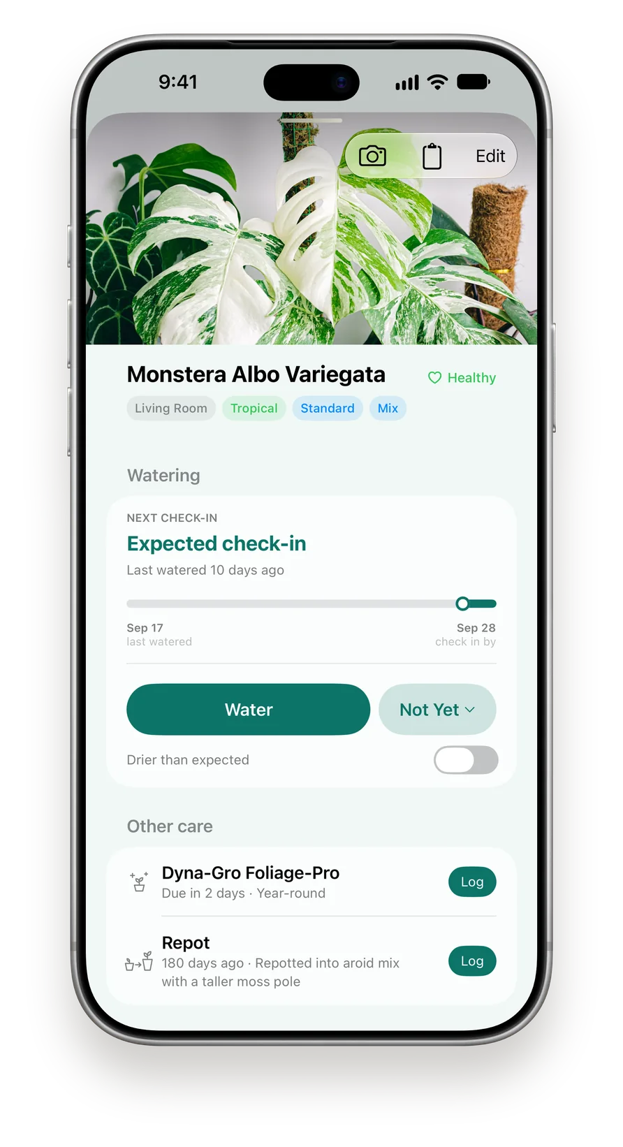 A Monstera Albo Variegata&rsquo;s page on iPhone showing its expected check-in, Water and Not Yet buttons, fertilizer and repot.